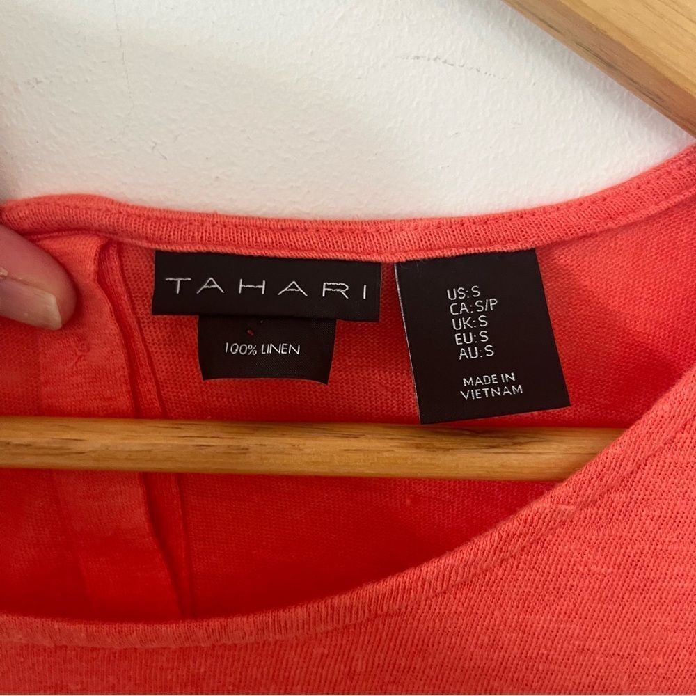 Tahari Orange 100% Linen Cap Sleeve Button Back T-shirt - Picture 5 of 7